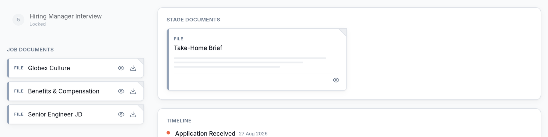 The candidate portal showing a Job Documents panel on the left with the company culture doc, benefits, and job description, alongside a Stage Documents panel on the right holding the take-home brief for the current stage.