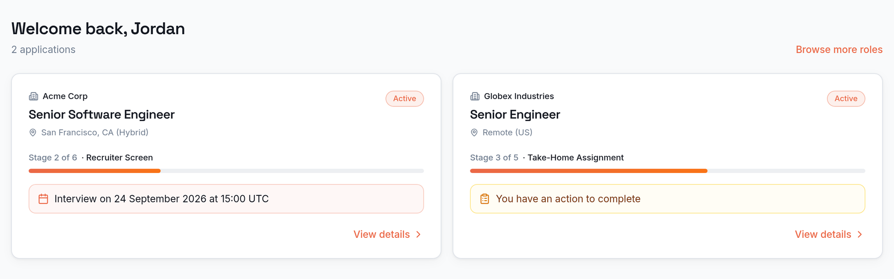 The Nexus candidate portal home for Jordan Rivera, showing two active applications as cards. Each card shows the company, role, current stage with a progress bar, and a status line: one has an upcoming interview date, the other flags an action to complete.