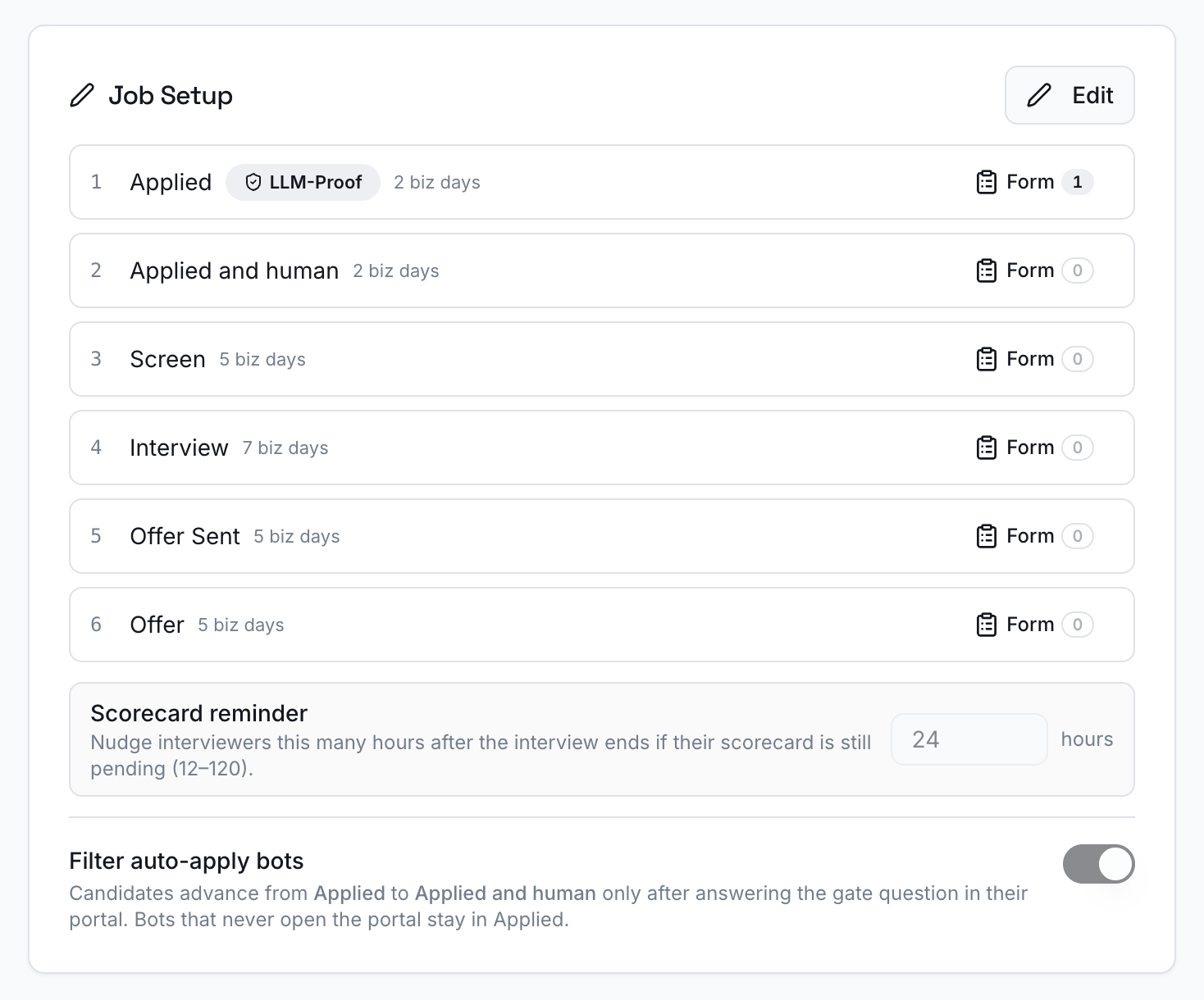 The Job Setup pipeline in the Nexus hiring portal, showing the Applied stage marked with an LLM-Proof gate badge.