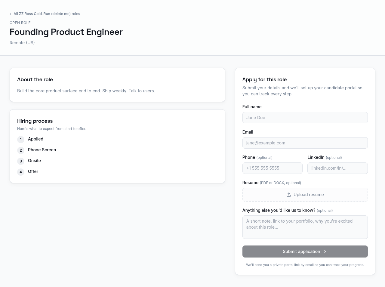 The candidate-facing application page, showing the role's hiring stages and the apply form.