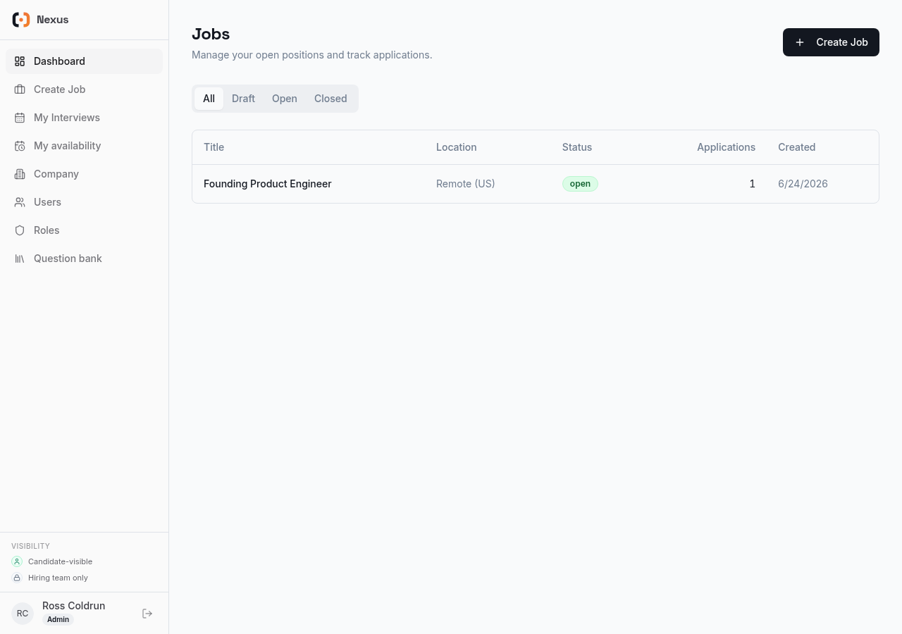 The Nexus hiring dashboard moments after signup, showing one open role with a single application.