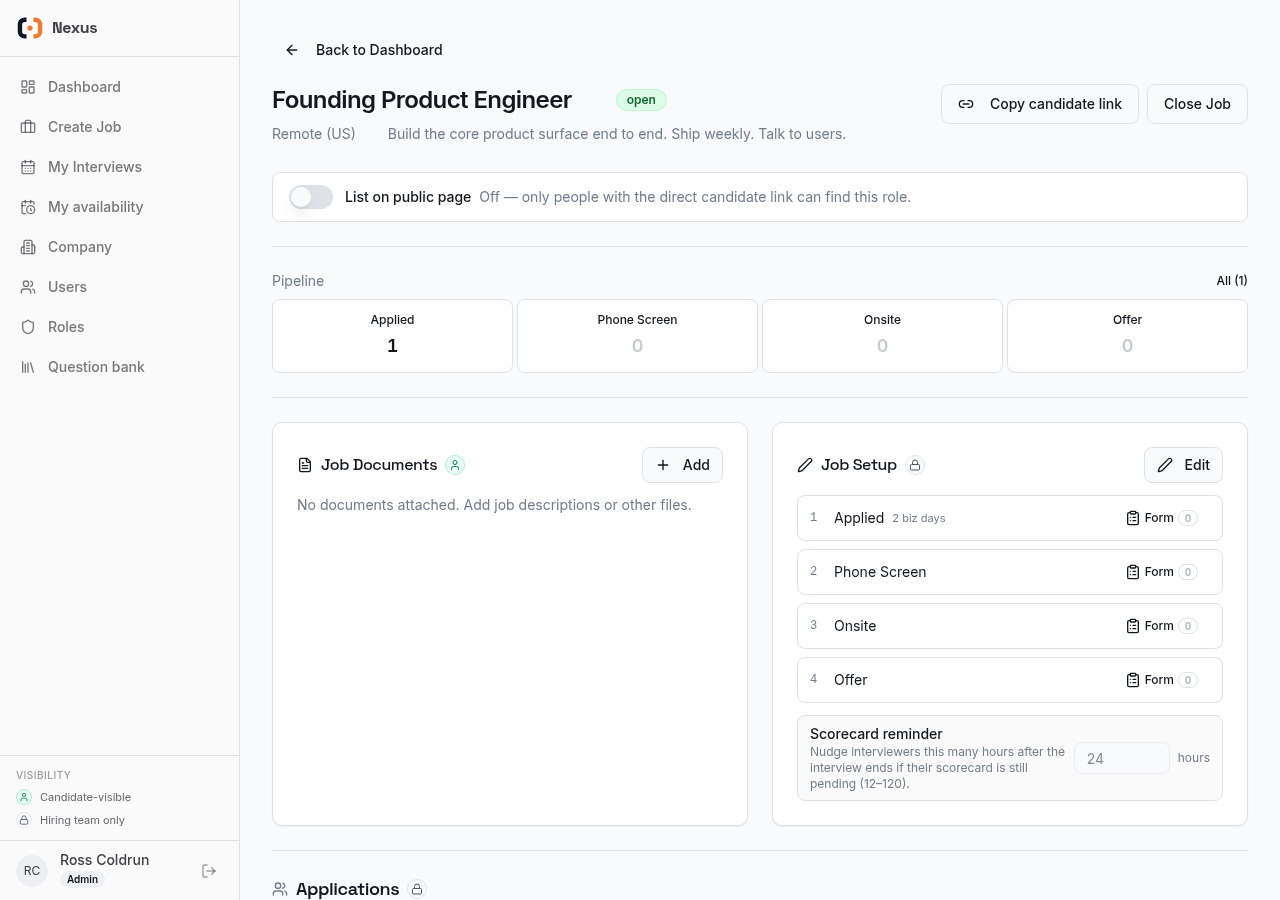 The hiring team's pipeline view with the new applicant sitting in the Applied column.