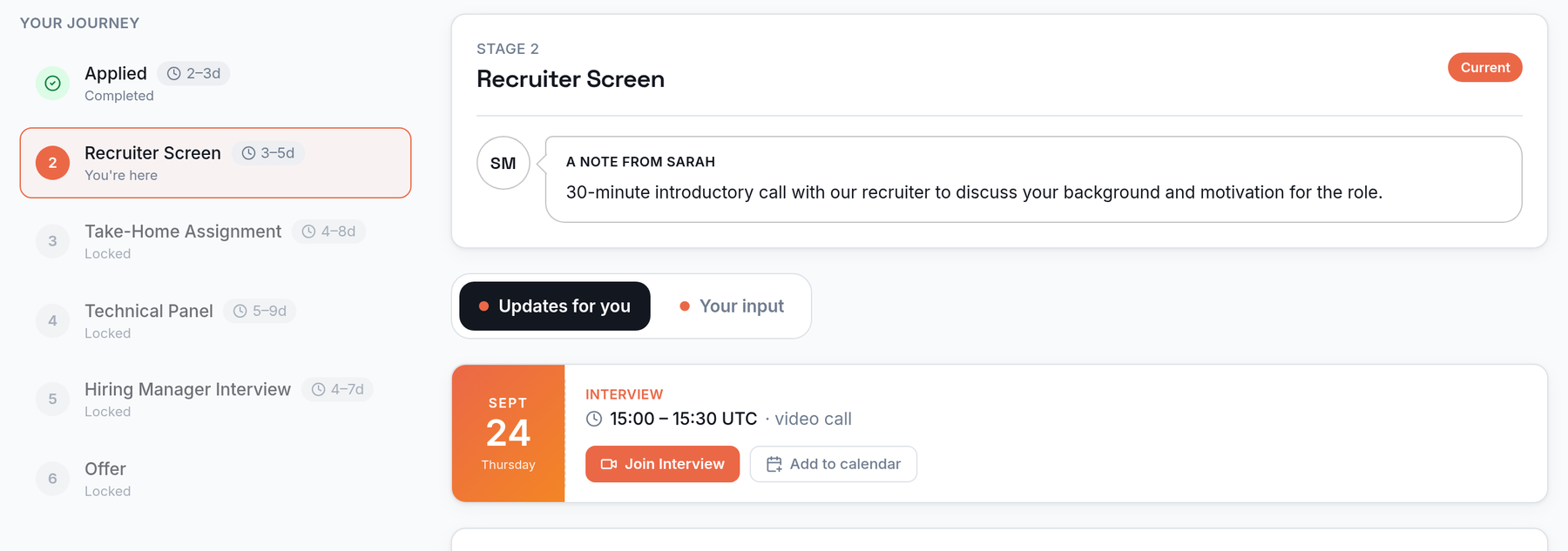 A single application inside the Nexus candidate portal, titled "Your journey". A left rail lists the six stages with time estimates: Applied (completed), Recruiter Screen marked "You're here", then Take-Home Assignment, Technical Panel, Hiring Manager Interview, and Offer (all locked). The main panel shows the current Recruiter Screen stage with a note from the recruiter Sarah, an "Updates for you" / "Your input" toggle, and a scheduled interview card for Sept 24, 15:00-15:30 UTC with Join Interview and Add to calendar buttons.